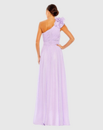 This dress features metallic polka dots, and fluid chiffon fabric. This one-shoulder dress is styled with a mixed-material rosette accent, a pleated bodice and flattering waist. Style this dress to make it your own at your next prom or formal event.

Mac Duggal 49536