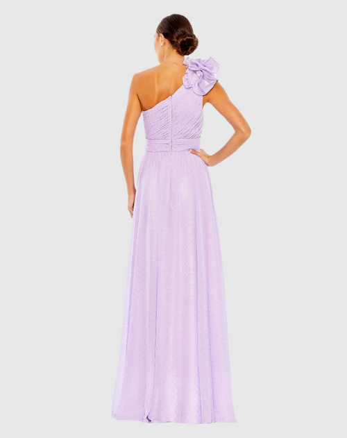 This dress features metallic polka dots, and fluid chiffon fabric. This one-shoulder dress is styled with a mixed-material rosette accent, a pleated bodice and flattering waist. Style this dress to make it your own at your next prom or formal event.

Mac Duggal 49536
