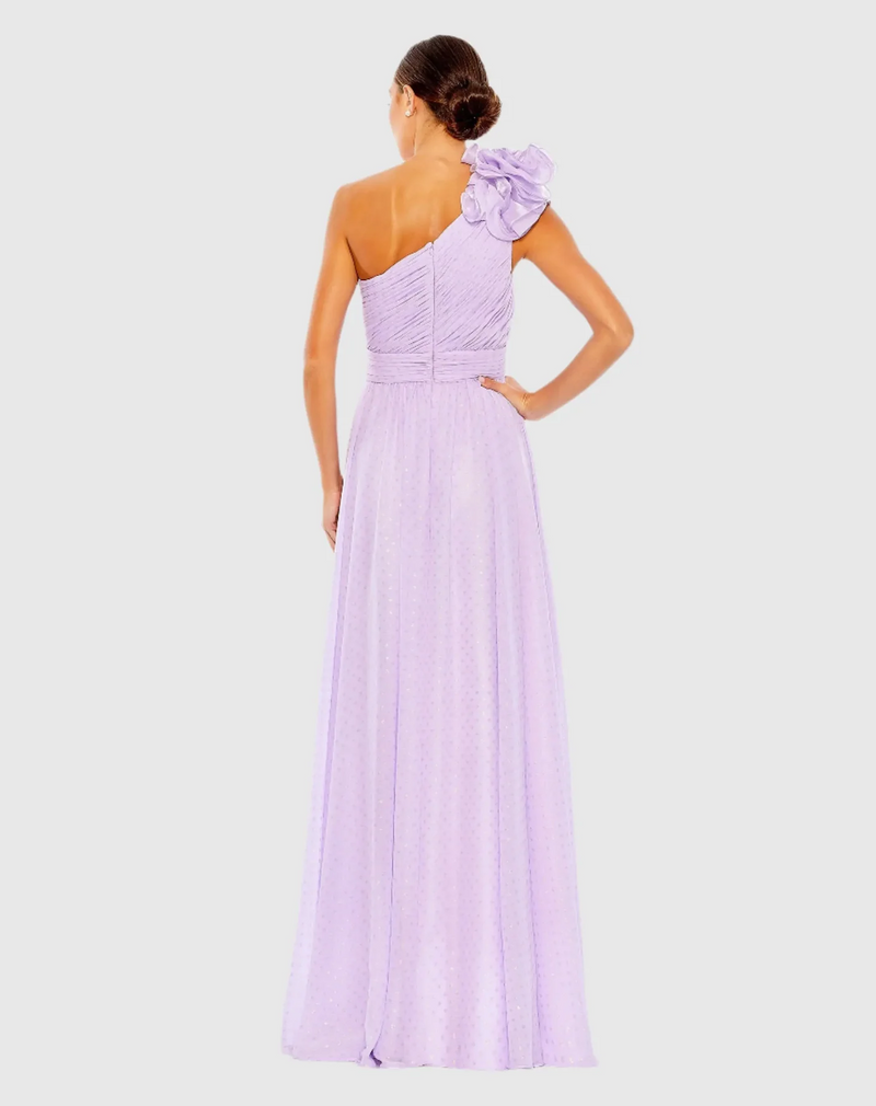 This dress features metallic polka dots, and fluid chiffon fabric. This one-shoulder dress is styled with a mixed-material rosette accent, a pleated bodice and flattering waist. Style this dress to make it your own at your next prom or formal event.

Mac Duggal 49536