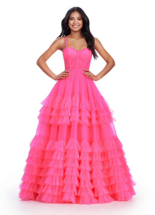 <p><span>This spaghetti strap ball gown features a tiered tulle skirt with beaded accents on the waist and shoulder straps. Stun at your next prom or formal event in this A-line gown!</span></p> <p>Ashley Lauren 11603</p>