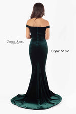 This gown features a deep v plunging bodice as well as an off-the-shoulder neckline. The fitted silhouette and velvet fabric offer a timeless silhouette and an opportunity to style and make it your own at your next prom, pageant, or formal event.   Jessica Angel 518