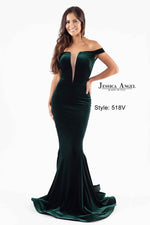 This gown features a deep v plunging bodice as well as an off-the-shoulder neckline. The fitted silhouette and velvet fabric offer a timeless silhouette and an opportunity to style and make it your own at your next prom, pageant, or formal event.   Jessica Angel 518