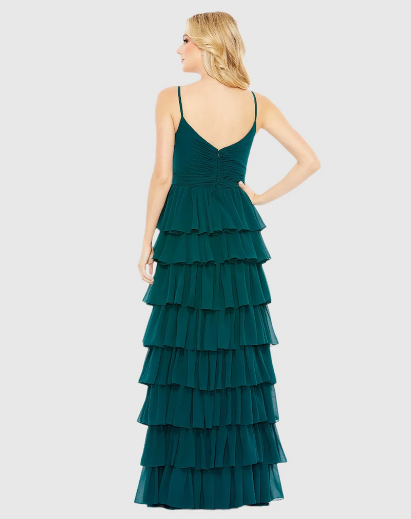 This sleeveless gown features a V-neckline with a ruffled tiered skirt and thigh-high slit. This dress could be perfect for your next prom or formal event!

Mac Duggal 55416