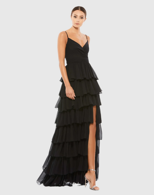 This sleeveless gown features a V-neckline with a ruffled tiered skirt and thigh-high slit. This dress could be perfect for your next prom or formal event!

Mac Duggal 55416