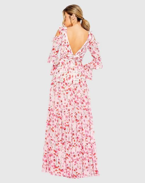 This dress features flowy chiffon fabric with a vibrant floral print. Fully lined for comfort, the V-neck and long ruffle sleeves add a playful touch, while the empire waist and flowy skirt create a flattering silhouette. The shoulder cut-outs and V-back bring a flirty charm that may be ideal for your next prom or formal event.

Mac Duggal 55906