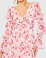 This dress features flowy chiffon fabric with a vibrant floral print. Fully lined for comfort, the V-neck and long ruffle sleeves add a playful touch, while the empire waist and flowy skirt create a flattering silhouette. The shoulder cut-outs and V-back bring a flirty charm that may be ideal for your next prom or formal event.

Mac Duggal 55906