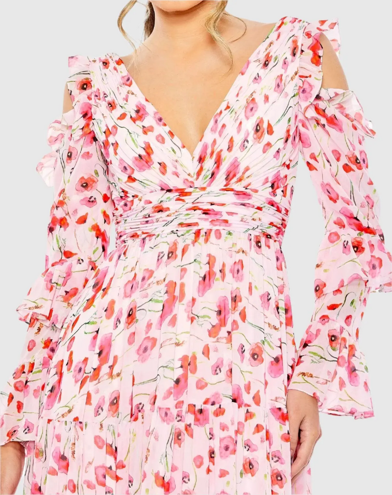 This dress features flowy chiffon fabric with a vibrant floral print. Fully lined for comfort, the V-neck and long ruffle sleeves add a playful touch, while the empire waist and flowy skirt create a flattering silhouette. The shoulder cut-outs and V-back bring a flirty charm that may be ideal for your next prom or formal event.

Mac Duggal 55906