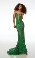 This dress features a plunging v-neckline, spaghetti straps, and a lace-up back, a fitted silhouette with sequin fabric intricately laid in a unique and modern pattern with a train. This dress is a showstopper and ideal for your next prom or formal event.  Alyce 61565