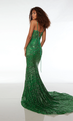 This dress features a plunging v-neckline, spaghetti straps, and a lace-up back, a fitted silhouette with sequin fabric intricately laid in a unique and modern pattern with a train. This dress is a showstopper and ideal for your next prom or formal event.  Alyce 61565