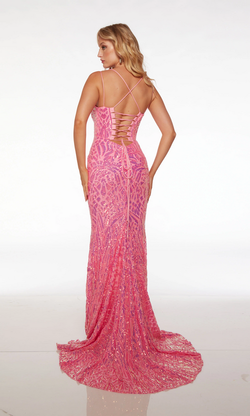 This dress features a plunging neckline with spaghetti straps, a lace-up back, a fitted silhouette with sequin embellished fabric, and a train. This dress is glamorous and unique and could be perfect for your next prom or formal event.  Alyce 61618