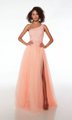 This dress features glitter tulle fabric, a one-shoulder neckline with a lace embellished bodice, an A-line silhouette, and a lace-up back with a front slit. This is a classic dress with unique details that make it the perfect choice for your next prom or formal event.   Alyce 61624