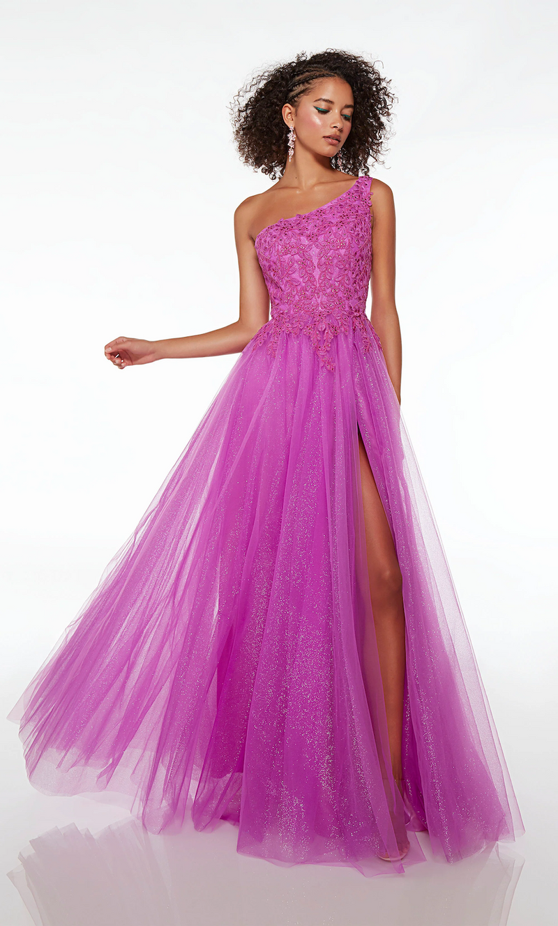 This dress features glitter tulle fabric, a one-shoulder neckline with a lace embellished bodice, an A-line silhouette, and a lace-up back with a front slit. This is a classic dress with unique details that make it the perfect choice for your next prom or formal event.   Alyce 61624