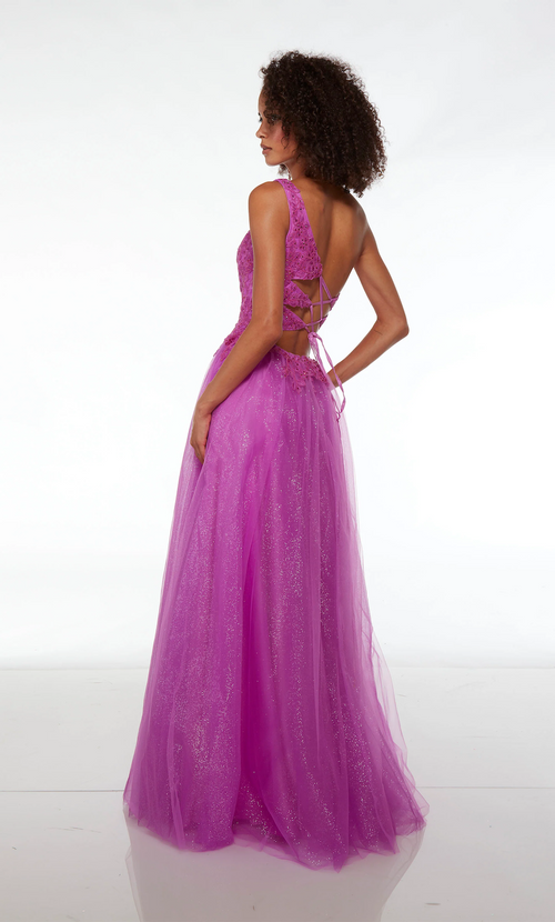 This dress features glitter tulle fabric, a one-shoulder neckline with a lace embellished bodice, an A-line silhouette, and a lace-up back with a front slit. This is a classic dress with unique details that make it the perfect choice for your next prom or formal event.   Alyce 61624