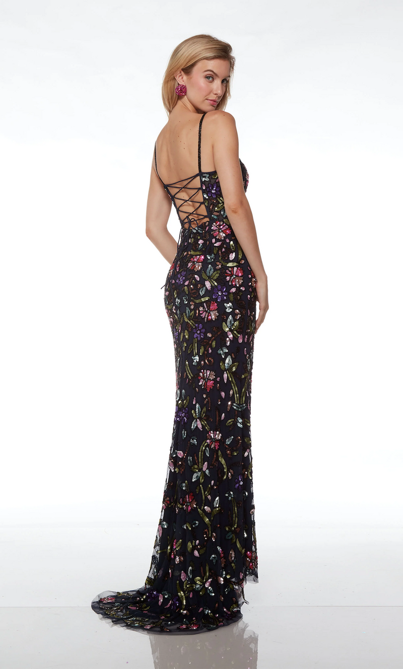 This dress features hand-beaded and sequined fabric designed in a floral pattern, an illusion-plunging neckline, a lace-up back, and a slight train. This dress is modern and unique and ideal for your next prom or formal event.   Alyce 61687