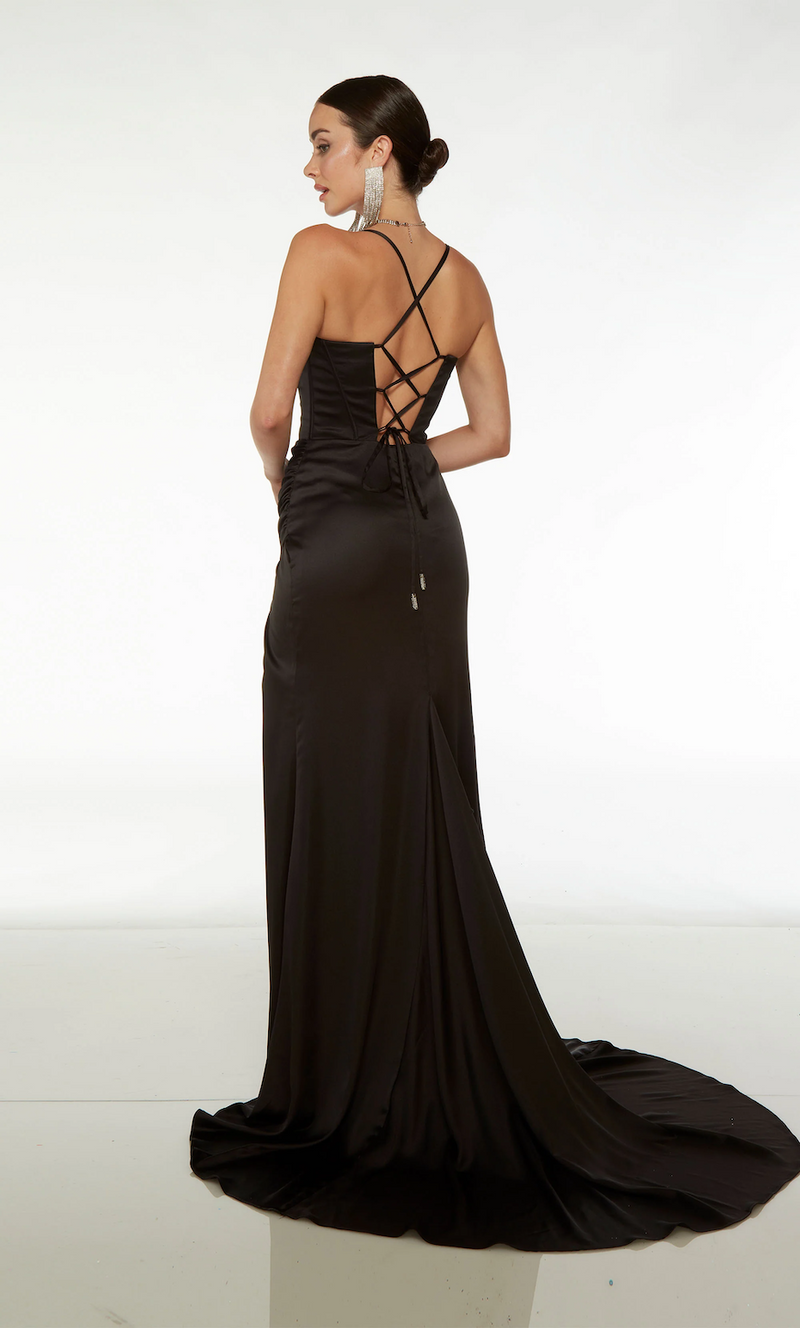 This dress features a cowl sweetheart neckline, spaghetti straps with a lace-up back, a bodice with corset boning, a fitted silhouette, a high slit and a train. This dress is modern and timeless and could be styled to make it your own at your next prom or formal event.  Alyce 61702