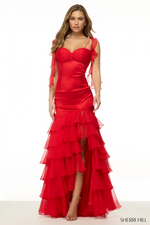 This dress features a sweetheart neckline with spaghetti straps and a stretch satin fabric with a fit and flare silhouette. The skirt has tiered layers of chiffon creating that volume and flow.&nbsp;

Sherri Hill 57112
