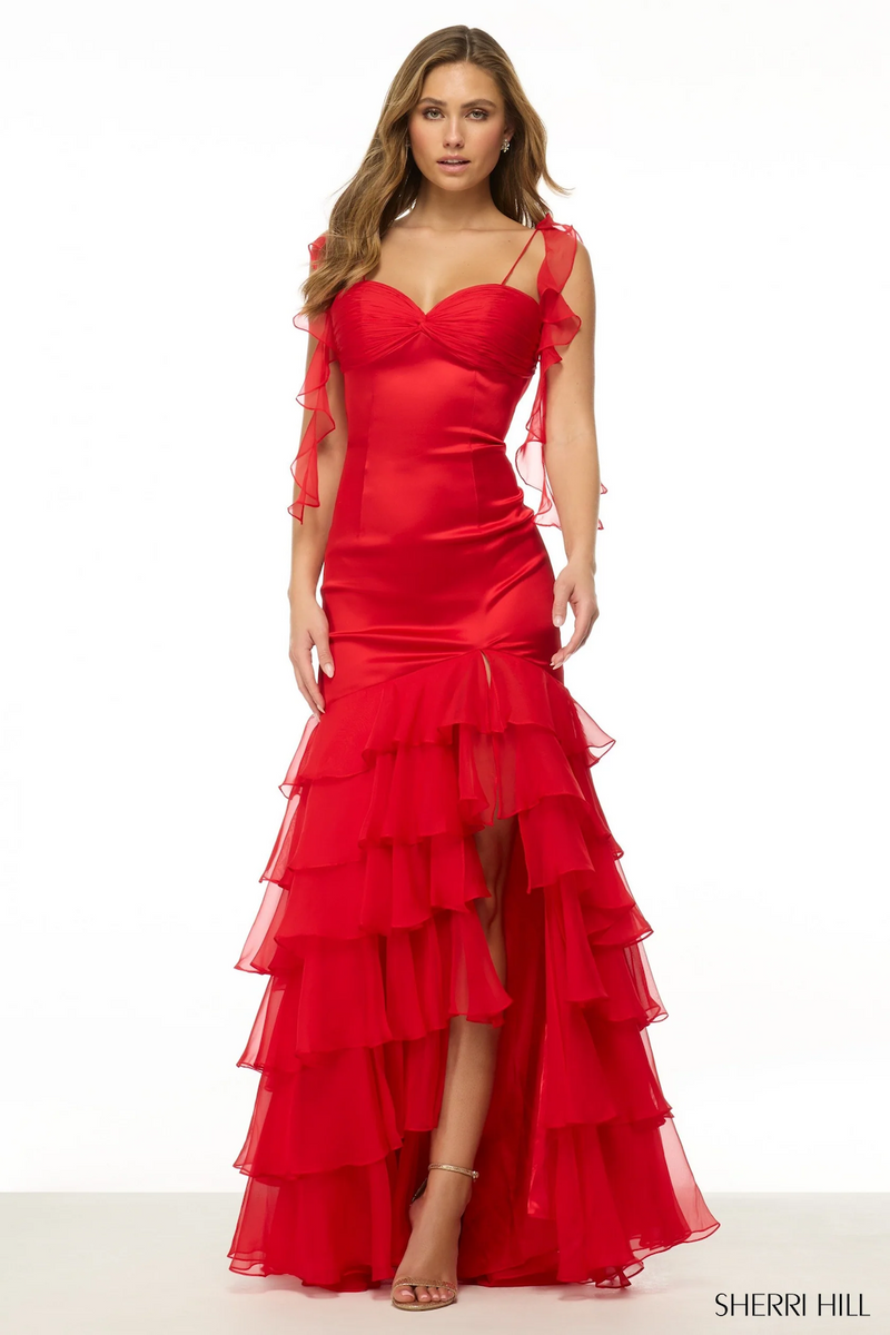 This dress features a sweetheart neckline with spaghetti straps and a stretch satin fabric with a fit and flare silhouette. The skirt has tiered layers of chiffon creating that volume and flow.&nbsp;

Sherri Hill 57112