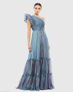 Between the iridescent organza fabric, texture-rich plissé pleating, avant-garde-inspired ruffled shoulder, and a billowy tiered skirt, this gown is guaranteed to turn every head in the room at your next prom or formal event.

Mac Duggal 67878