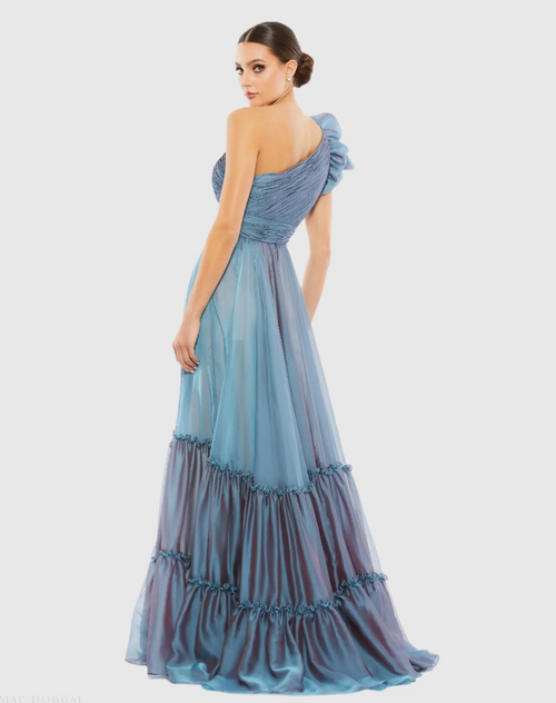 Between the iridescent organza fabric, texture-rich plissé pleating, avant-garde-inspired ruffled shoulder, and a billowy tiered skirt, this gown is guaranteed to turn every head in the room at your next prom or formal event.

Mac Duggal 67878