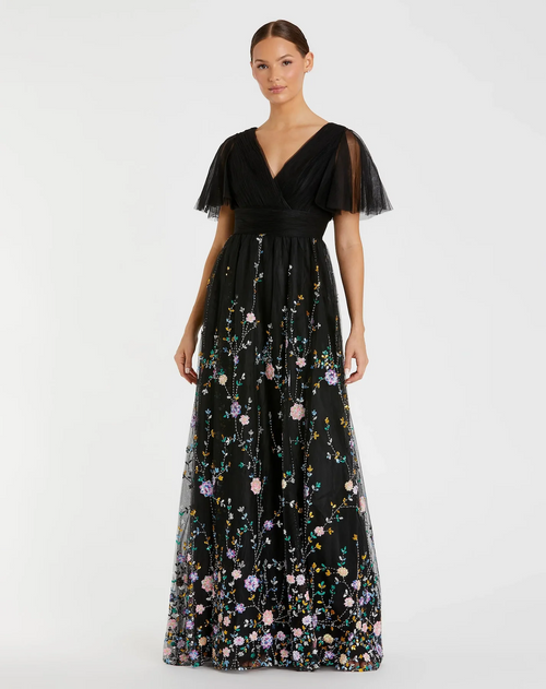 This dress features an embroidered butterfly sleeve with an empire waist. Delicate embroidery adds a touch of whimsy to this timeless silhouette. Style this dress to make it your own at your next prom or formal event.

Mac Duggal 67889