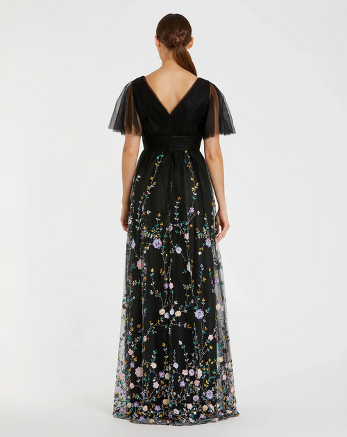 This dress features an embroidered butterfly sleeve with an empire waist. Delicate embroidery adds a touch of whimsy to this timeless silhouette. Style this dress to make it your own at your next prom or formal event.

Mac Duggal 67889