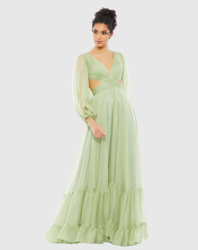 This dress features chiffon fabric, semi-sheer long sleeves, a&nbsp;V-neckline, side cut-outs, and a lace-up back. This dress is effortlessly elegant and could be ideal for your next prom or formal event!


Mac Duggal 67948