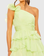 This stunning sheer chiffon gown is styled with a single shoulder frill, a pleated bodice and waistband, and a tiered skirt. The asymmetrical strappy back adds an unexpected finish to this elegant dress that could be ideal for your next prom or formal event.

Mac Duggal 67979