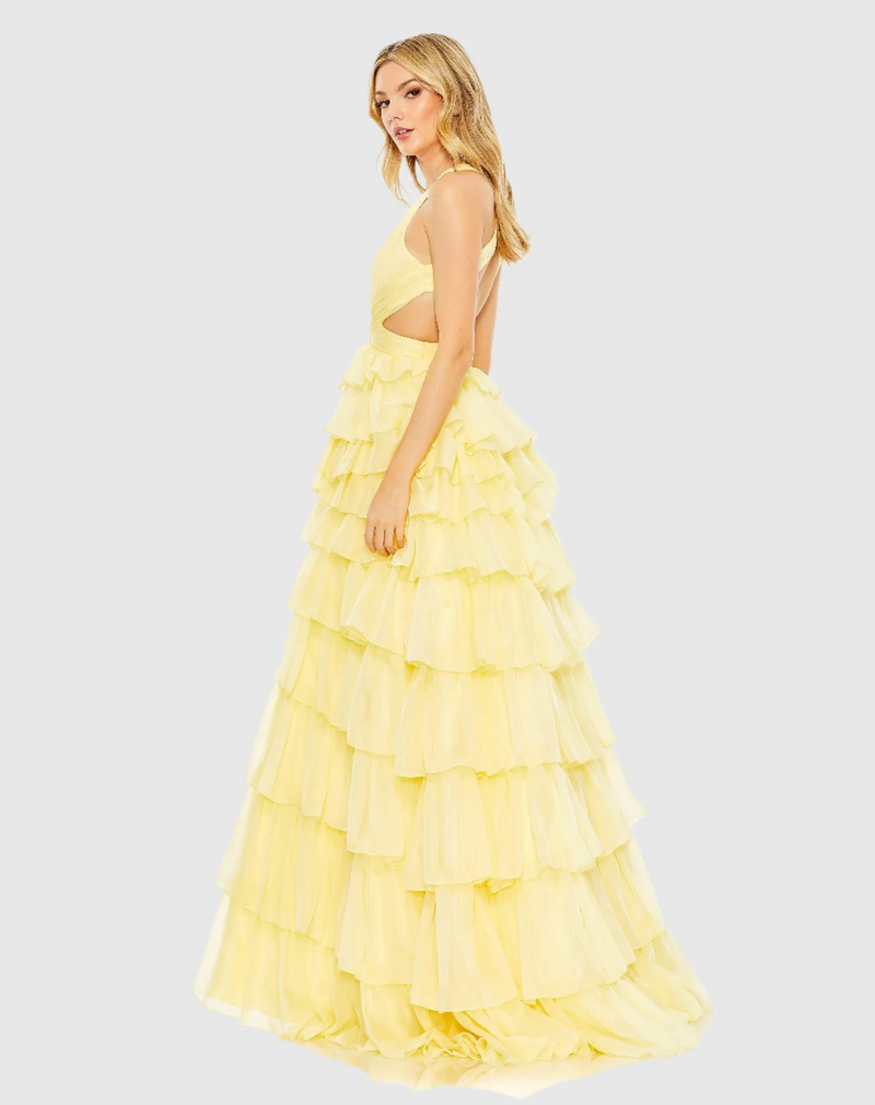 This bold prom dress is styled with a pleated bodice with a deep neckline, waist cutouts, and criss-cross center. Layers of graduated ruffles fill out the full skirt for a design that’s dramatic. Stun at your next prom or formal event in this unique ballgown.

Mac Duggal 67988