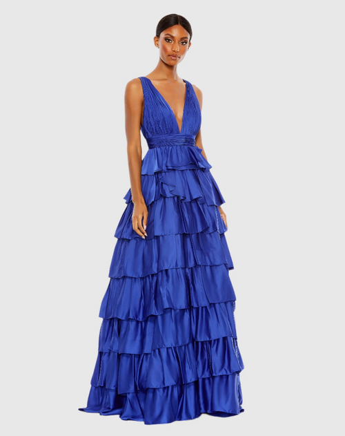 This satin gown features a plunge-cut neckline bodice with a pleated cummerbund and a layered tiered skirt. This dress is dramatic and effortless and could be ideal for your next prom or formal event.

Mac Duggal 67994