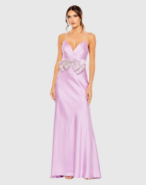 Crafted from luxurious satin fabric, this gown exudes effortless elegance. The eye-catching rhinestone-encrusted bow adds a touch of glamour with a fitted silhouette and spaghetti straps.

Mac Duggal 68144
