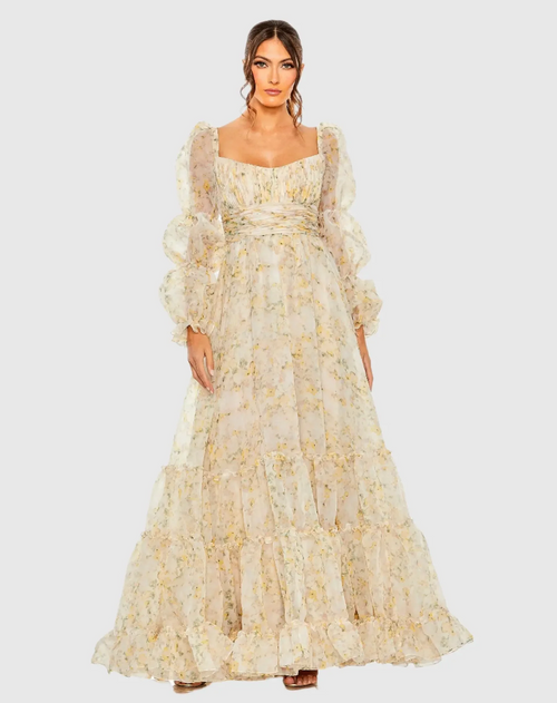 This dress features a floral-printed chiffon fabric that is fully lined through body with long puff sleeves, a pleated bodice and a ruffle tiered skirt. This boho dress could be ideal for your next prom or formal event.

Mac Duggal 68288
