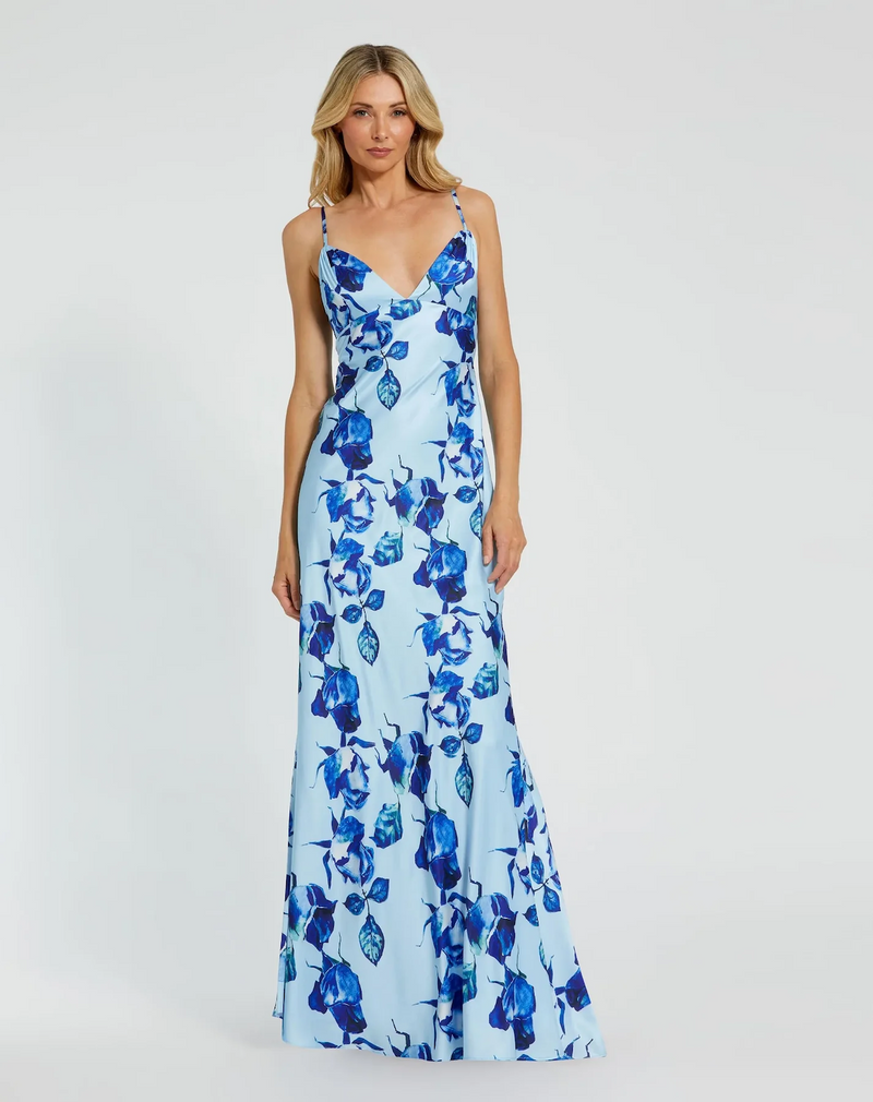 This dress features printed charmeuse fabric, a V-neckline, spaghetti straps and a low back. Style this dress to make it your own at your next prom or formal event.

Mac Duggal 68336
