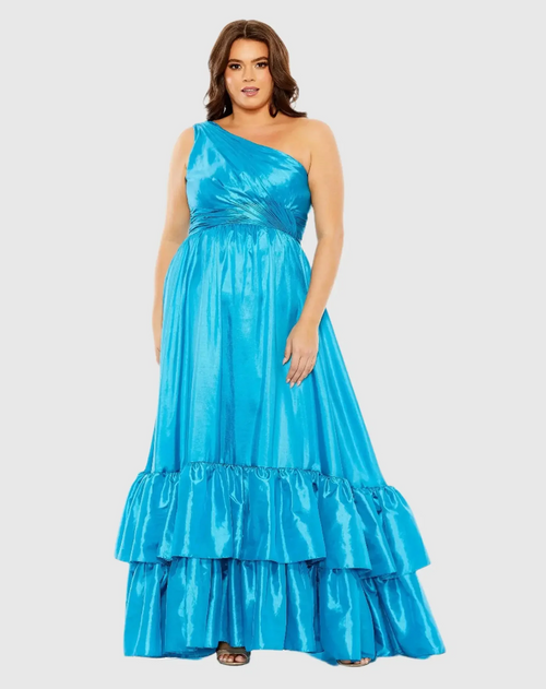 This dress features taffeta fabric, an asymmetrical one shoulder neckline, a ruched bodice, and a ruffle tiered skirt. Choose this playful gown for your next prom or formal event.

Mac Duggal 68527