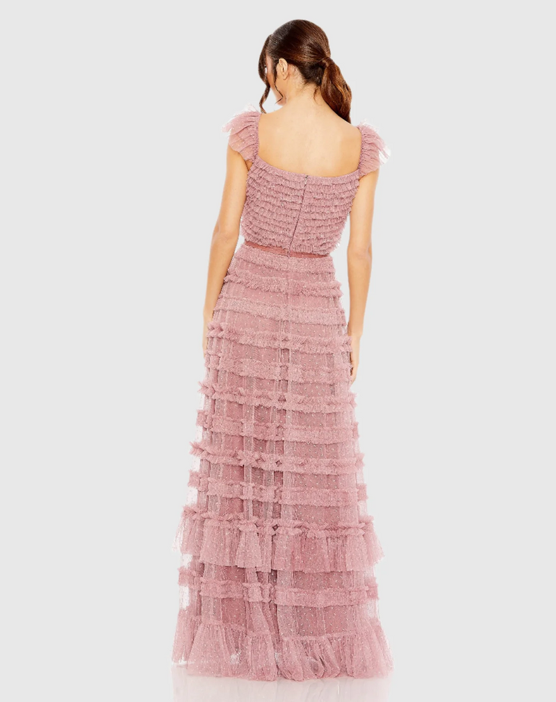 This stunning gown features charming ruffle cap sleeves and intricate embellishments throughout, creating a captivating and elegant look. Perfect for prom or formal events this modest dress is sure to stun.

Mac Duggal 8052