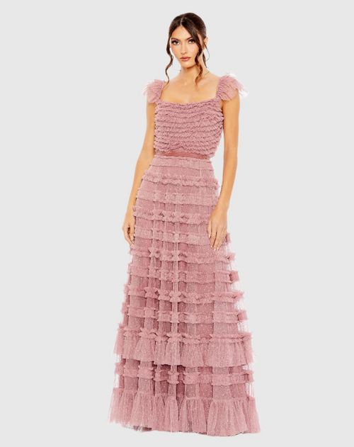 This stunning gown features charming ruffle cap sleeves and intricate embellishments throughout, creating a captivating and elegant look. Perfect for prom or formal events this modest dress is sure to stun.

Mac Duggal 8052
