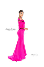 This gown features an off-the-shoulder neckline with bow detailing on both shoulders. The silhouette is fitted with scuba fabric and a slight train. This dress is playful and feminine and ideal for your next prom or formal event.  Jessica Angel 848