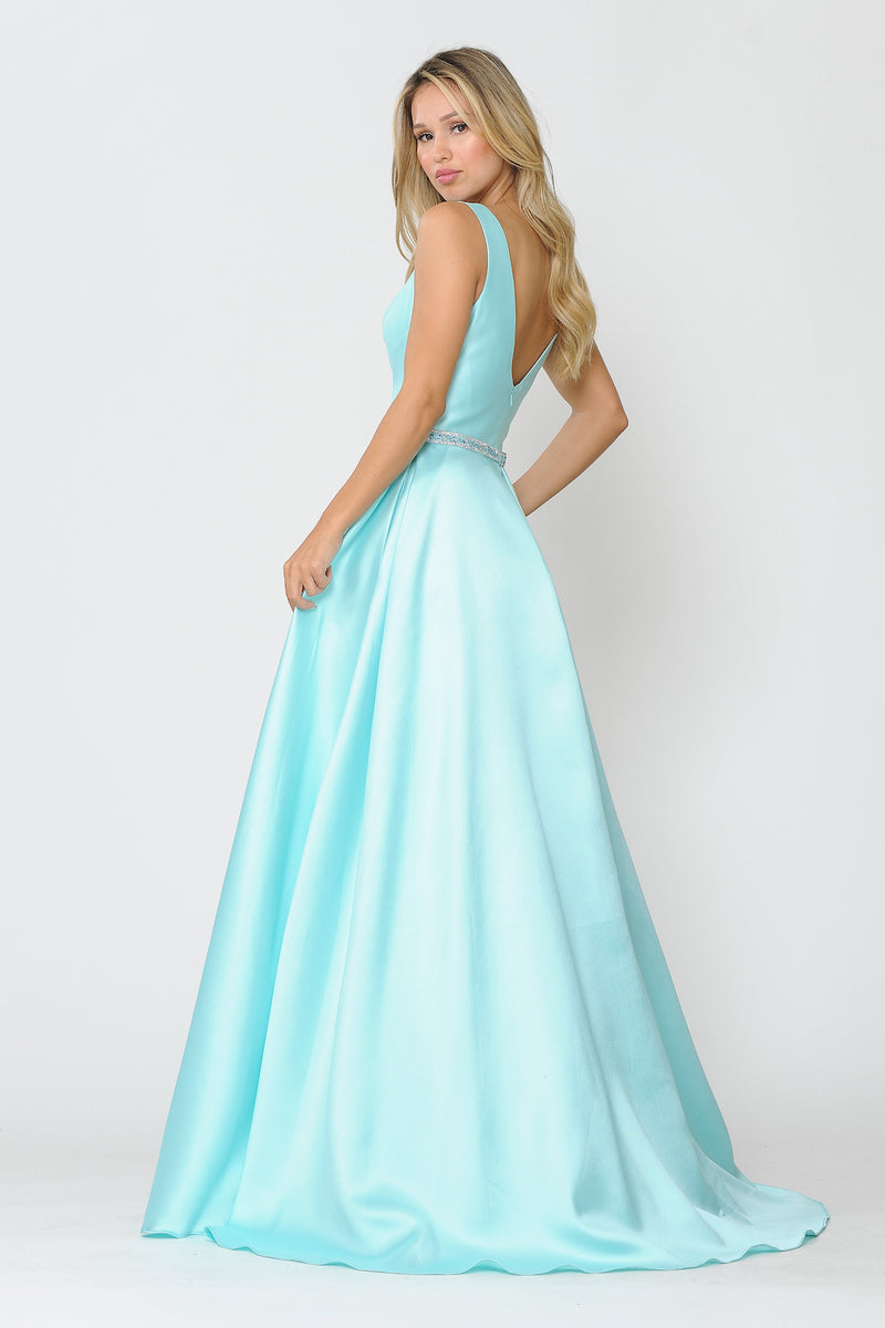 This dress features a high scoop neckline with beaded crystal detailing along the waistline, an A-line silhouette, pockets, and mikado fabric. Style this dress to make it your own at your next prom or formal event.  PY 8678