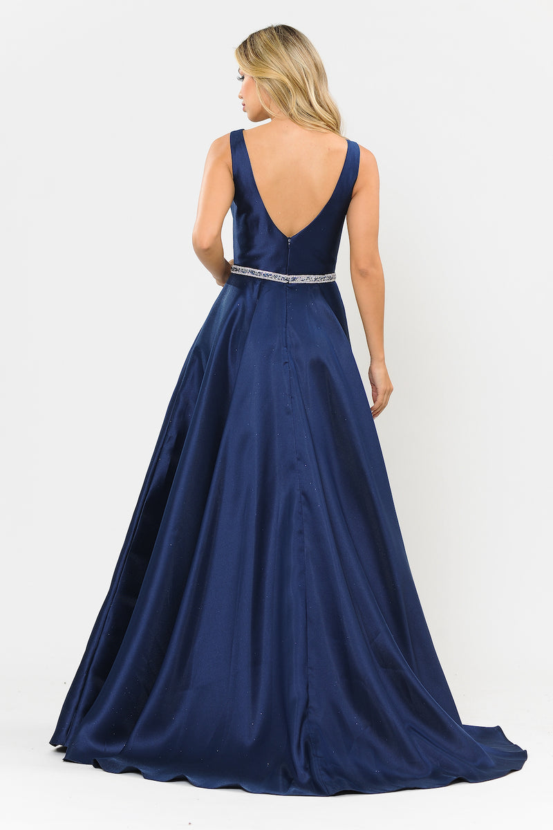 This dress features a high scoop neckline with beaded crystal detailing along the waistline, an A-line silhouette, pockets, and mikado fabric. Style this dress to make it your own at your next prom or formal event.  PY 8678