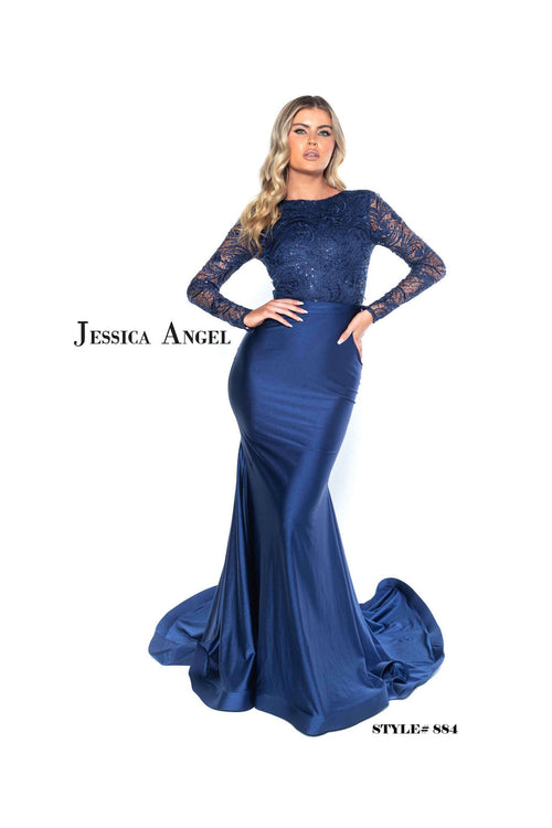 This modest dress features a high neckline with lace long sleeves and a lace bodice. This silhouette is fitted with a jersey fabric and a train. This gown is perfect if you are looking for more coverage without sacrificing style. This may be your next dream dress for prom or any formal event.  Jessica Angel 884