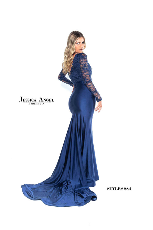 This modest dress features a high neckline with lace long sleeves and a lace bodice. This silhouette is fitted with a jersey fabric and a train. This gown is perfect if you are looking for more coverage without sacrificing style. This may be your next dream dress for prom or any formal event.  Jessica Angel 884