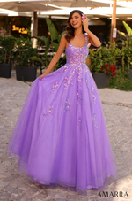 This dress features a scoop neckline with 1-inch straps, a lace-up back, and A-line silhouette, and glitter tulle fabric. This dress has a bodice with lace and sequin embellishments that trickle down the skirt. A fairytale option for your next prom or formal event.  AUA 88749