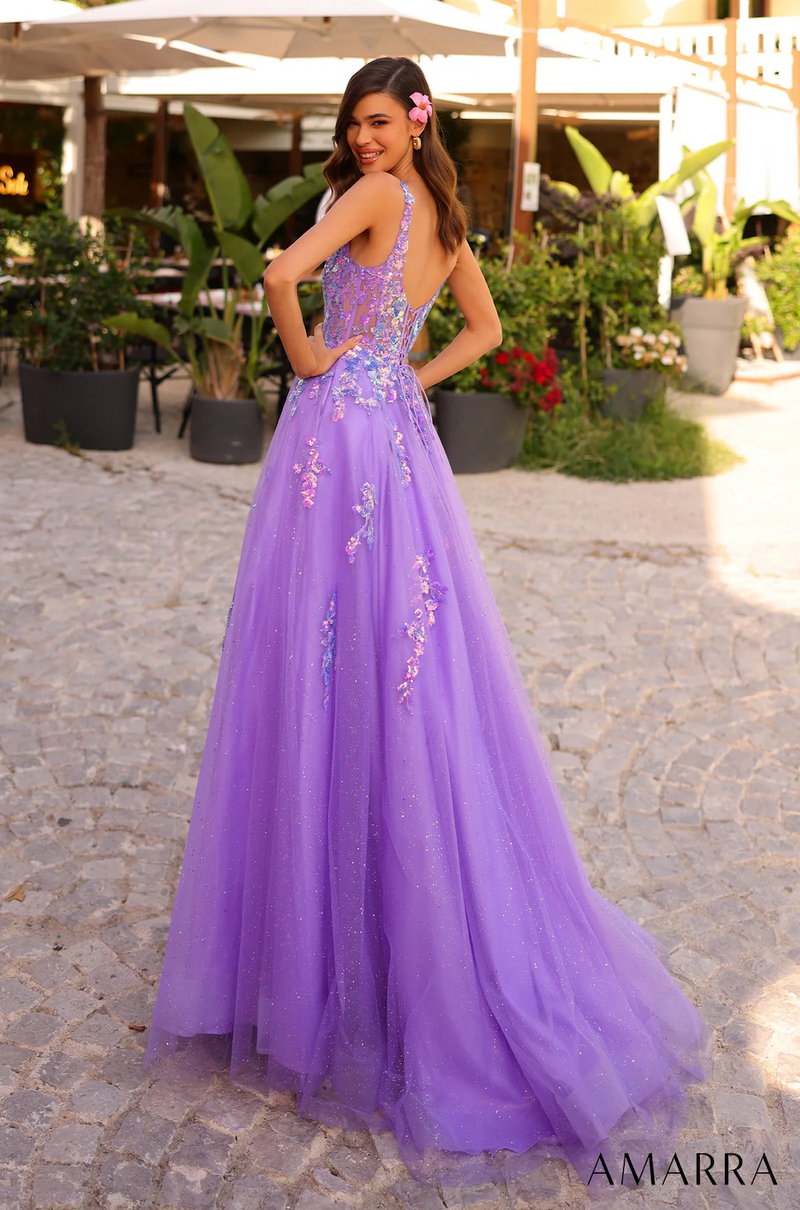 This dress features a scoop neckline with 1-inch straps, a lace-up back, and A-line silhouette, and glitter tulle fabric. This dress has a bodice with lace and sequin embellishments that trickle down the skirt. A fairytale option for your next prom or formal event.  AUA 88749