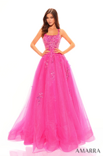 This dress features a scoop neckline with 1-inch straps, a lace-up back, and A-line silhouette, and glitter tulle fabric. This dress has a bodice with lace and sequin embellishments that trickle down the skirt. A fairytale option for your next prom or formal event.  AUA 88749