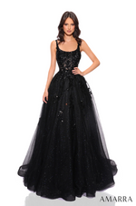 This dress features a scoop neckline with 1-inch straps, a lace-up back, and A-line silhouette, and glitter tulle fabric. This dress has a bodice with lace and sequin embellishments that trickle down the skirt. A fairytale option for your next prom or formal event.  AUA 88749