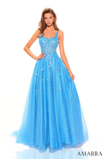 This dress features a scoop neckline with 1-inch straps, a lace-up back, and A-line silhouette, and glitter tulle fabric. This dress has a bodice with lace and sequin embellishments that trickle down the skirt. A fairytale option for your next prom or formal event.  AUA 88749