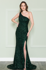 <p>This gown features a one-shoulder neckline with a fitted silhouette, sequin fabric and a slit. It is elegant and timeless and could be just the vibe for your next prom, pageant or formal event!</p> <p>PY 8874</p>
