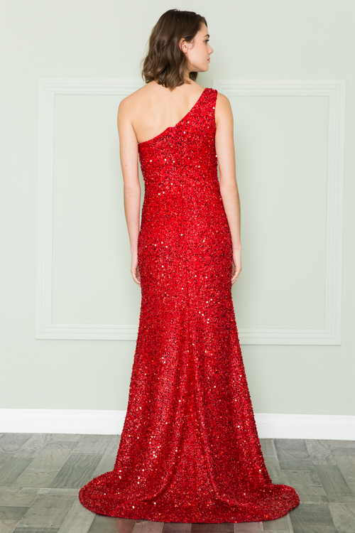 <p>This gown features a one-shoulder neckline with a fitted silhouette, sequin fabric and a slit. It is elegant and timeless and could be just the vibe for your next prom, pageant or formal event!</p> <p>PY 8874</p>