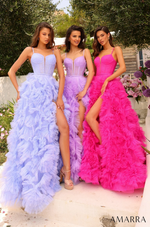 This breathtaking gown showcases glittery tulle and a basque waistline. The tulle skirt is enhanced by delicate gathers, creating an A-line silhouette with a slit. The corset bodice features spaghetti straps, and a sweetheart neckline with a subtle dip, perfectly accentuating your curves. This dress is an enchanting choice for your next prom, pageant or formal event.  AUA 88785