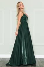 This dress features a straight across neckline with spaghetti straps and a lace-up back. It has an A-line silhouette with pockets and iridescent rhinestones throughout the vibrant fabric. This dress is effortlessly stunning and could be ideal for your next prom or formal event.  PY 8886
