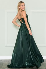 This dress features a straight across neckline with spaghetti straps and a lace-up back. It has an A-line silhouette with pockets and iridescent rhinestones throughout the vibrant fabric. This dress is effortlessly stunning and could be ideal for your next prom or formal event.  PY 8886